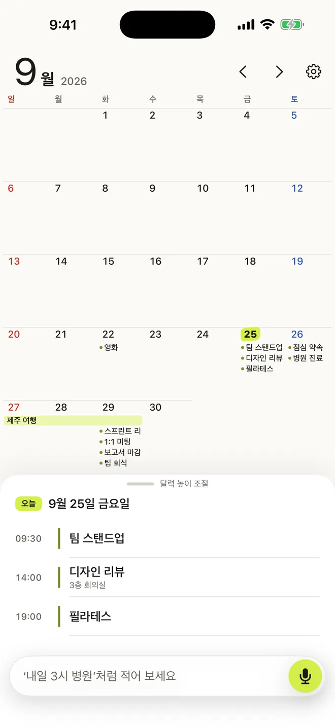 날짜 칸 안에 일정 제목이 보이고 여행 일정이 막대로 이어진 월간 화면